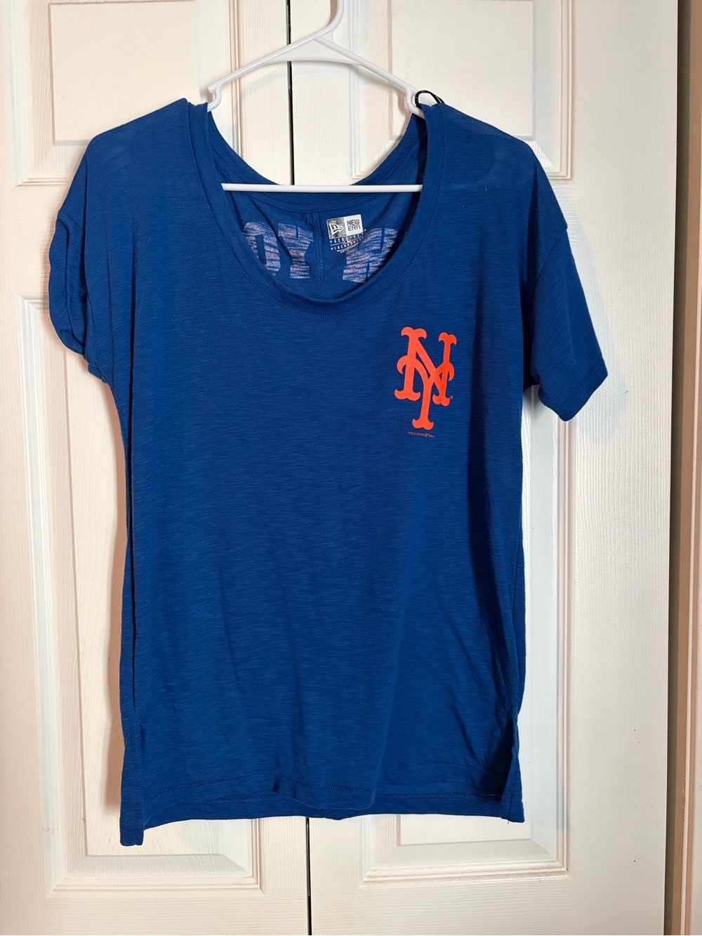 New Era Blue Scoop Neck Tee with Orange NY Emblem